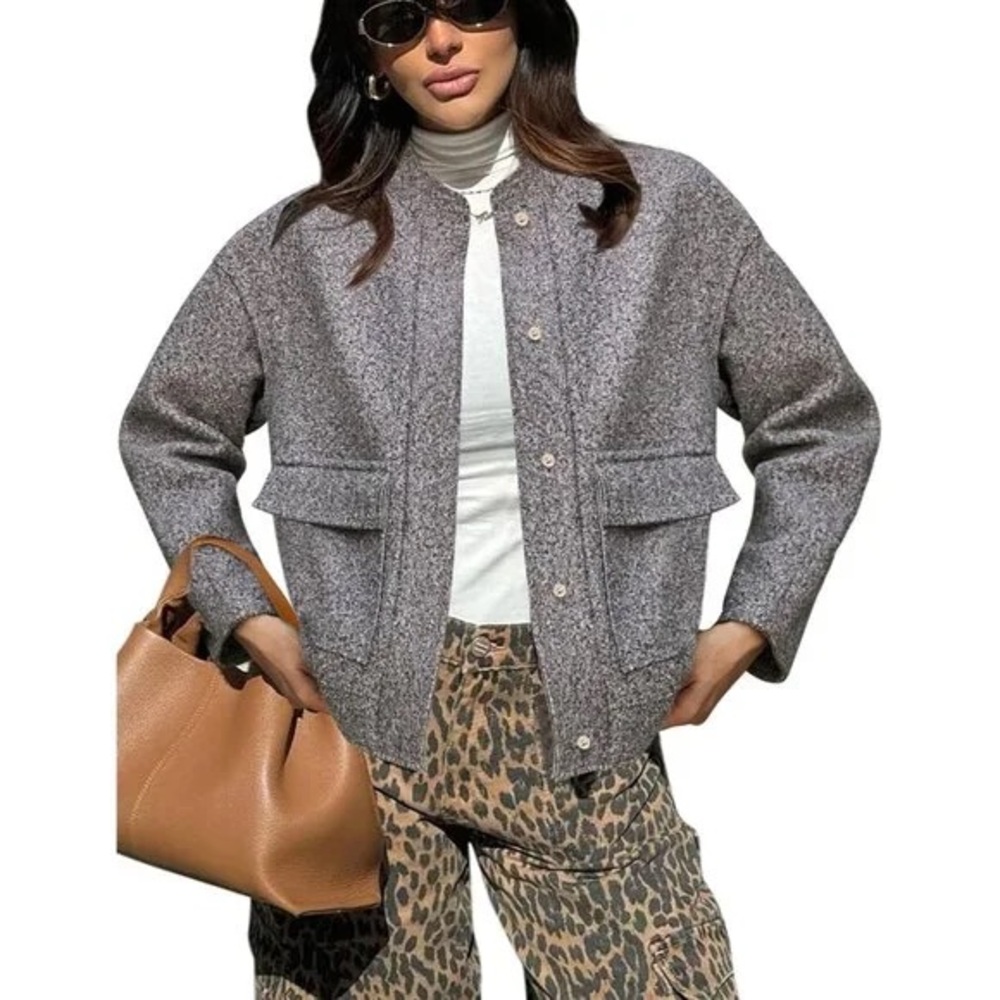 Women’s Oversized Square Pocket Snap Button Jacket Coat Small
